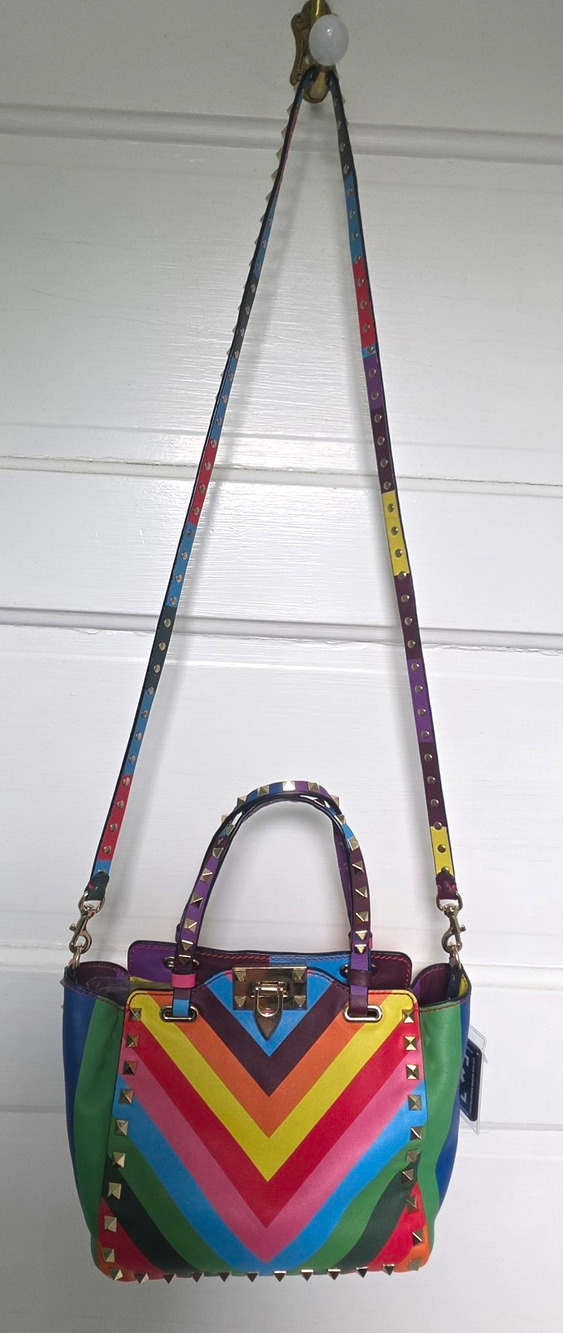 Valentino Garavani Rockstud Rainbow Chevron Small Top Handle Crossbody Gold HW